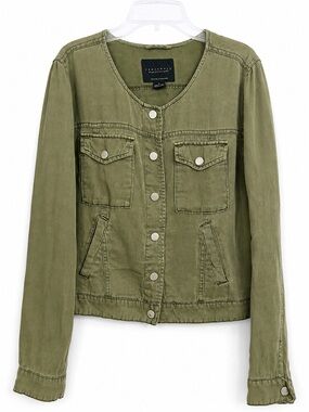 Sanctuary Olive Green Linen Blend Utility Jacket Size Medium Cropped Snap Front
